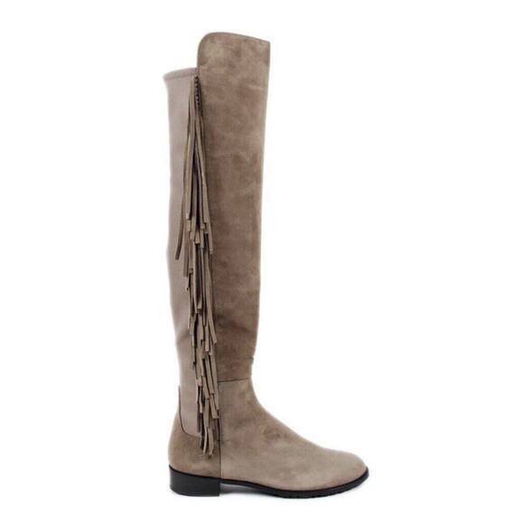 Stuart Weitzman •6• Mane Fringe Over the Knee Taupe Beige Suede 50/50 Boots NEW - Picture 2 of 16